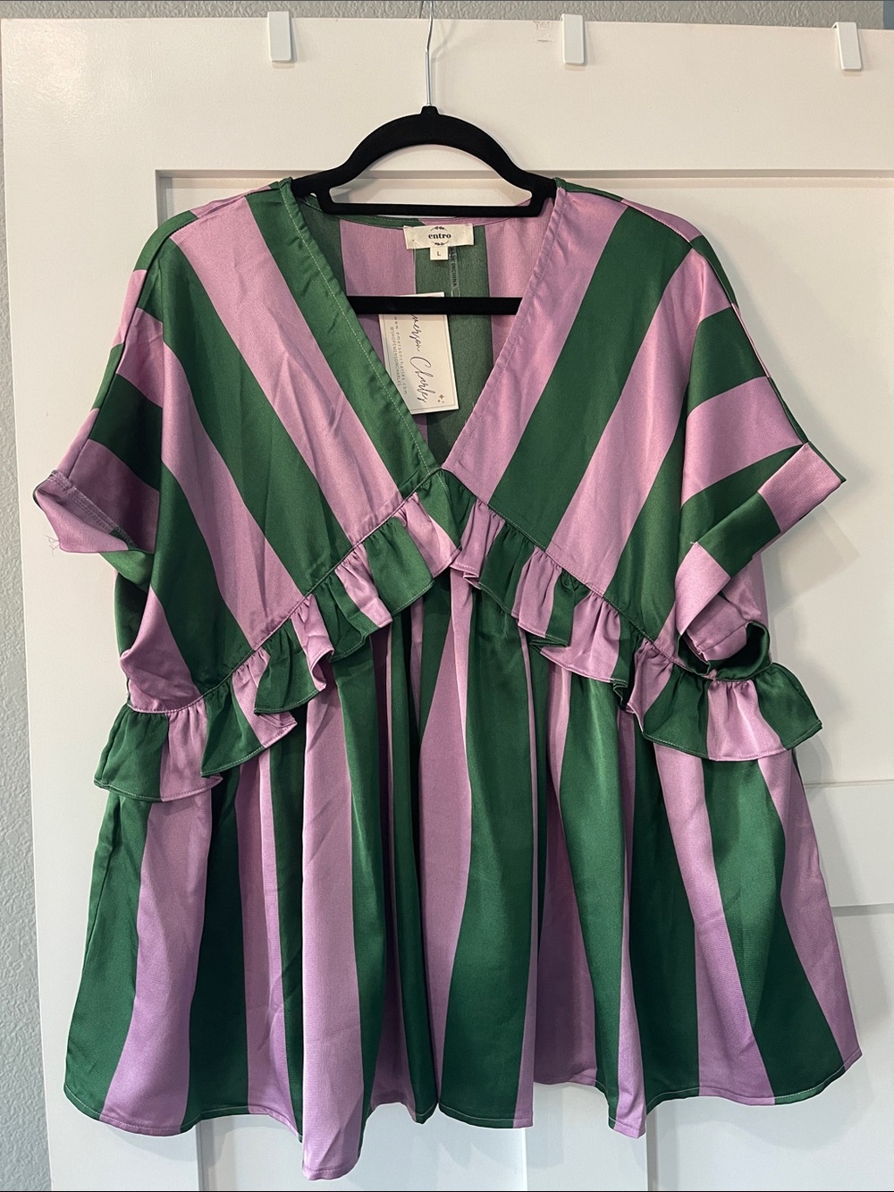 Emerson Charles Entro Green & Lilac Striped Ruffle V-Neck Top